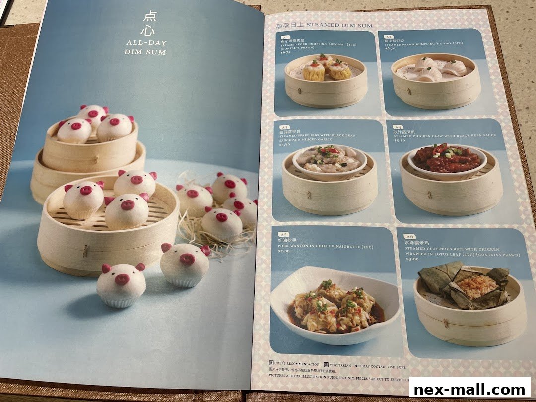 A menu page showcasing various steamed dim sum dishes, including cute pig-shaped buns.