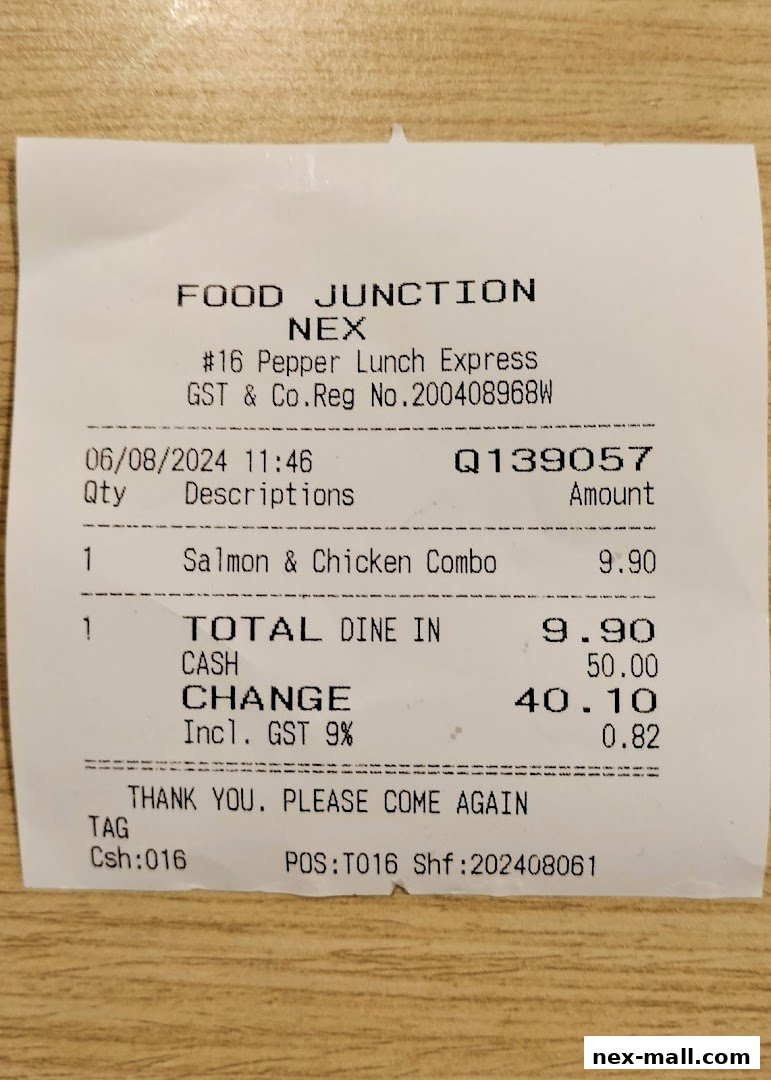 A receipt from Pepper Lunch Express showing a Salmon & Chicken Combo purchase.