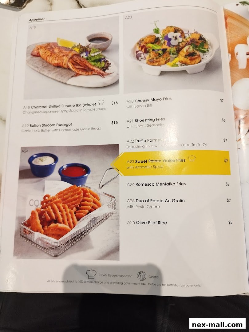 A menu page featuring appetizers like grilled squid, fries, and potato dishes.