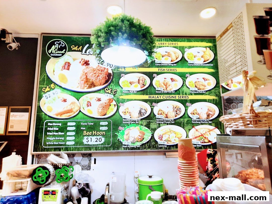 A vibrant menu board displays various meal sets and dishes from Allgood Gourmet.