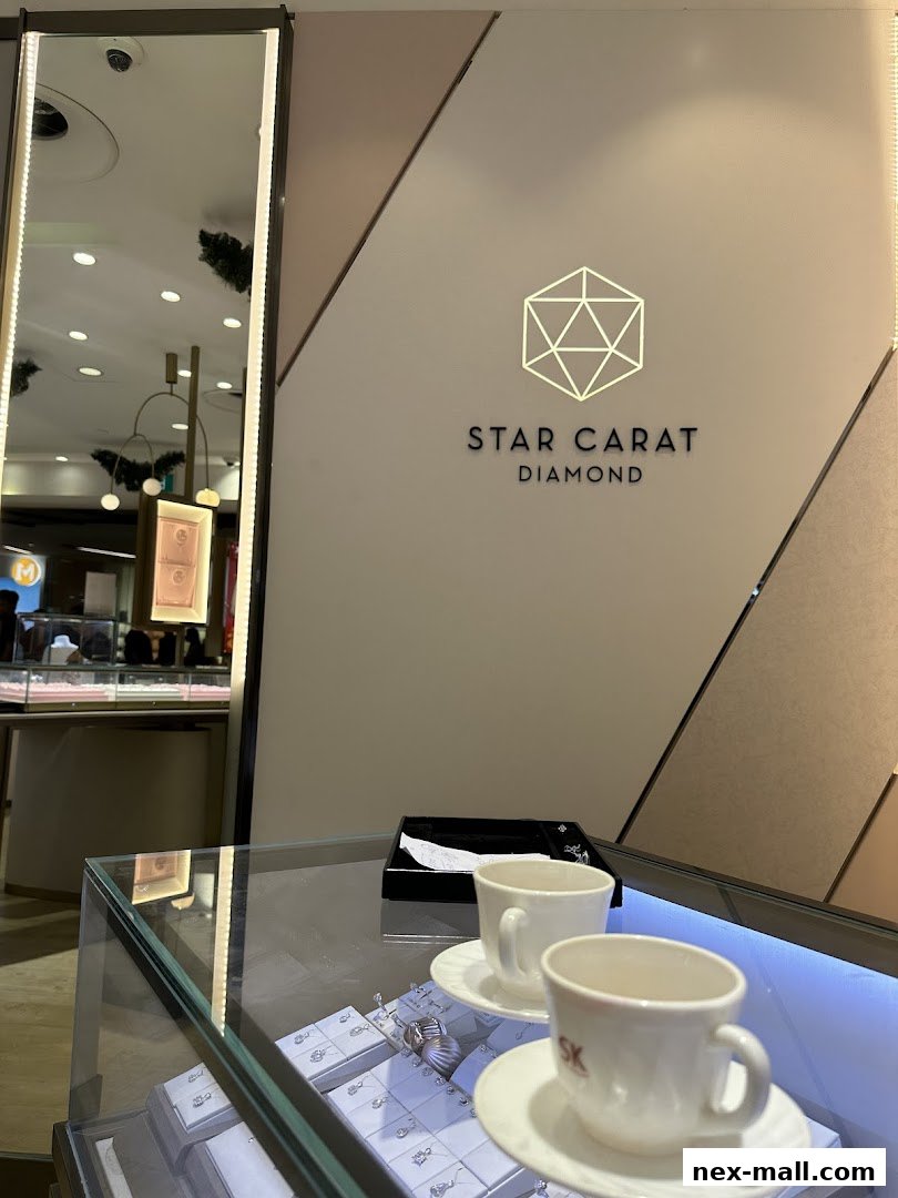 Interior of a jewelry store with display cases, branded cups, and a logo on the wall.