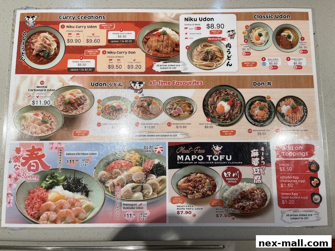 A menu showcasing various udon and donburi dishes with prices and descriptions.