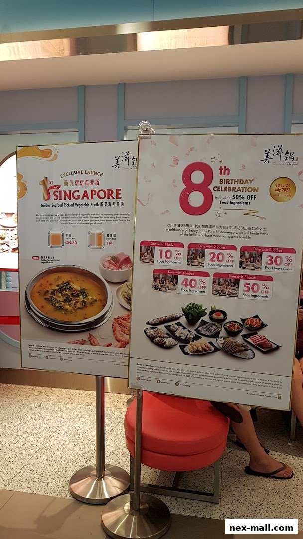 Promotional posters for Beauty in The Pot at NEX, showcasing a new broth and birthday celebration offers.