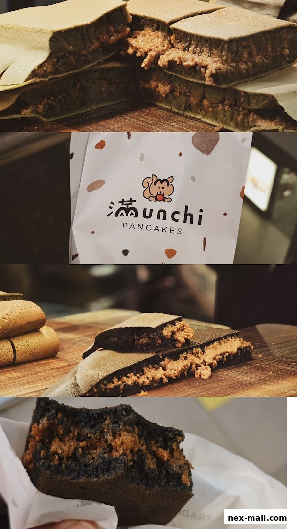 Close-up shots of delicious pancakes filled with a creamy peanut butter-like filling.