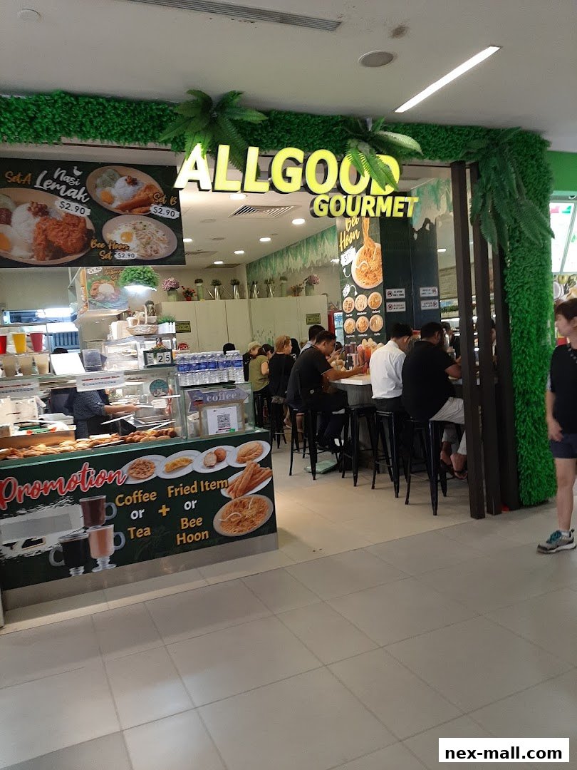 Allgood Gourmet shop front with food displays and seating area.