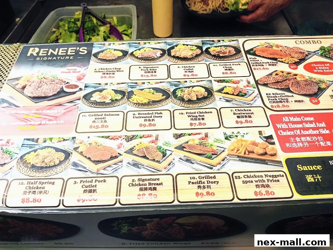 A menu display for Renee's Signature, featuring various grilled and fried meat and fish dishes.