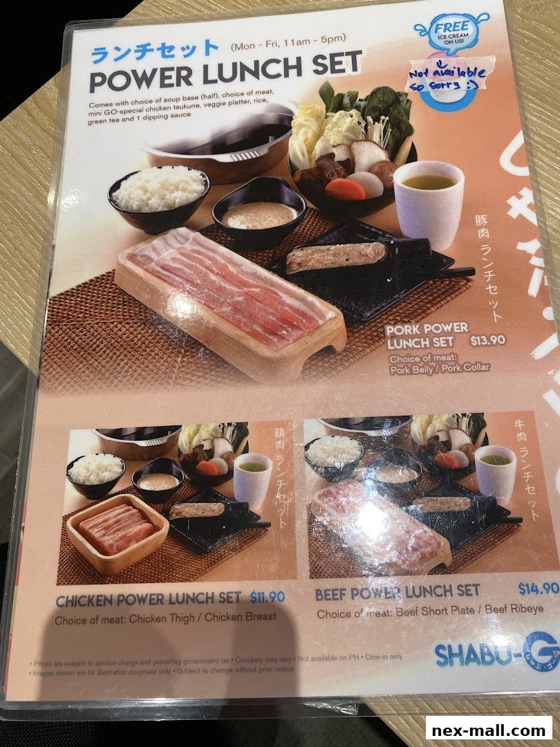 A menu featuring Power Lunch Sets with various meat options and accompaniments.