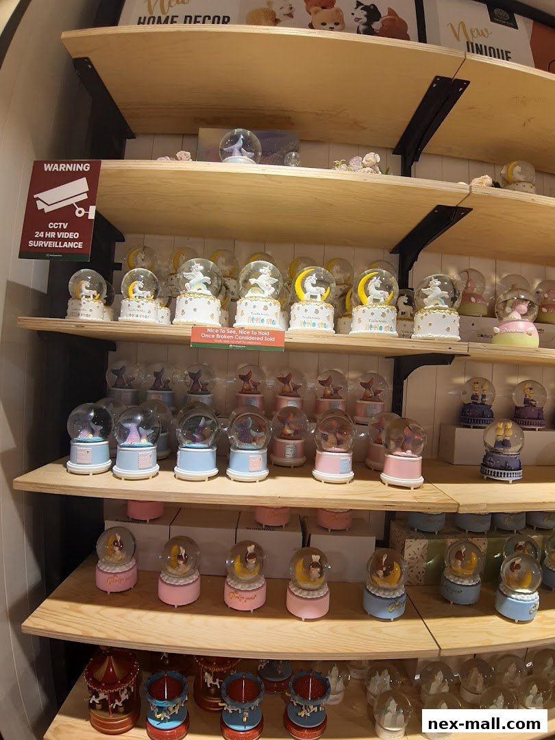 Shelves filled with various snow globes featuring unicorns, mermaids, and other whimsical designs.