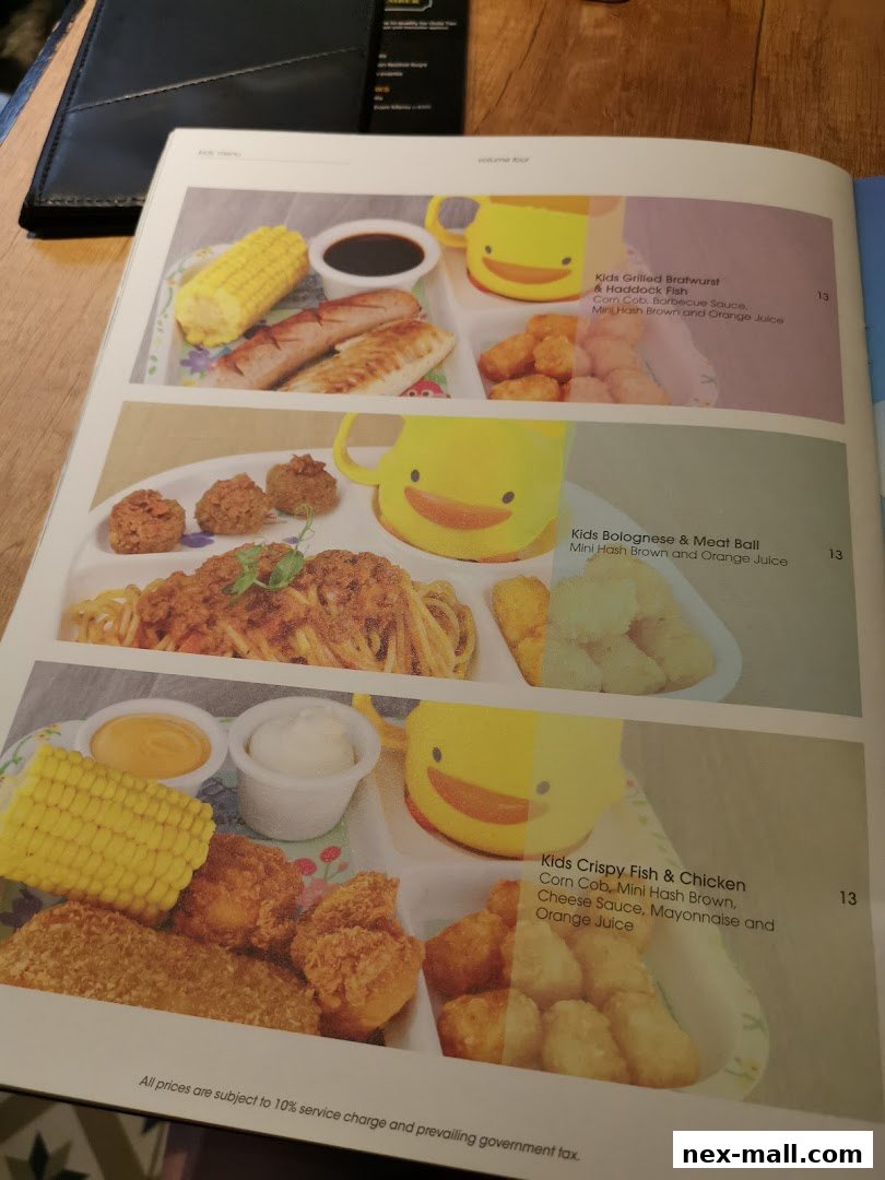 A menu featuring three kid-friendly meal options with colorful illustrations.