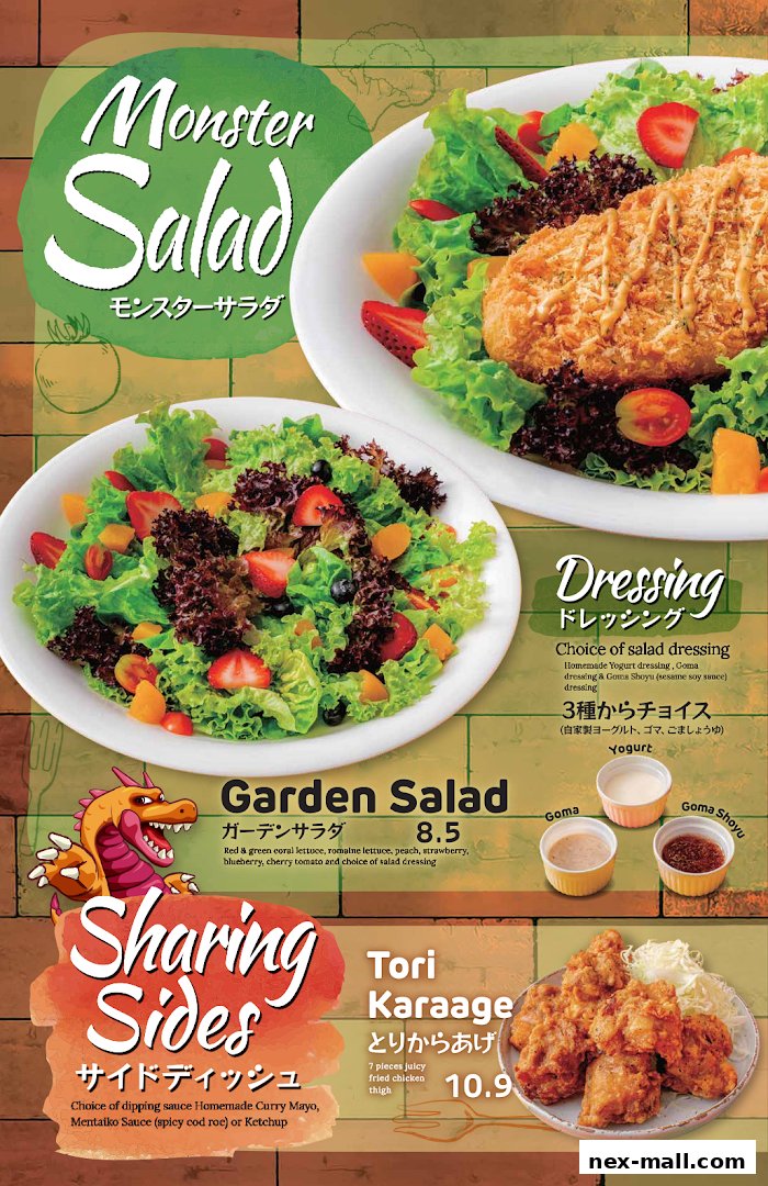 A menu featuring Monster Salad, Garden Salad, Tori Karaage, and various dressings.