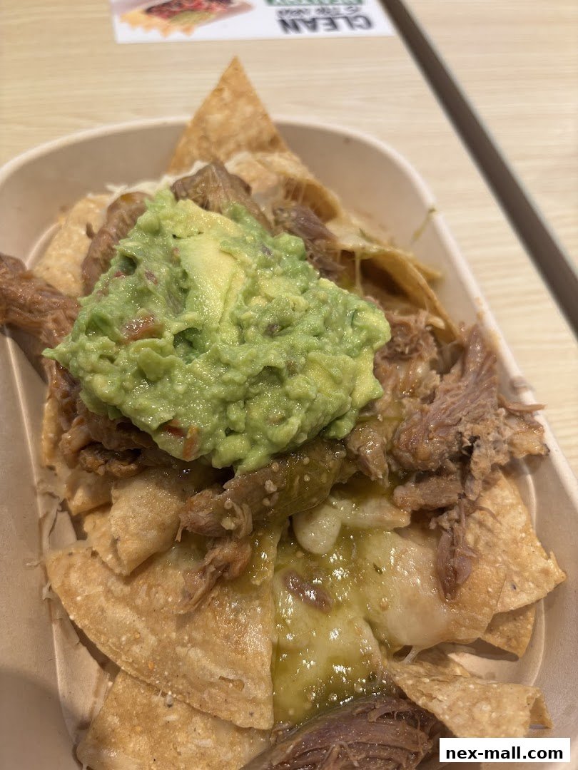 A close-up of a delicious Mexican dish with pulled pork, guacamole, and melted cheese.