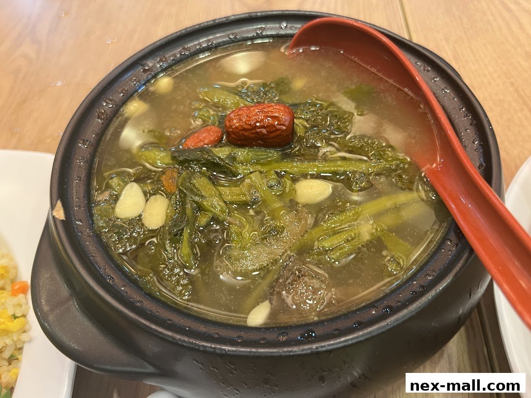 A close-up shot of a steaming bowl of herbal soup with vegetables and a red spoon.