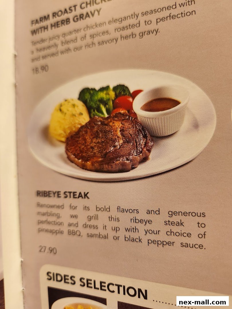 A menu page featuring a Farm Roast Chicken and a Ribeye Steak with descriptions and prices.