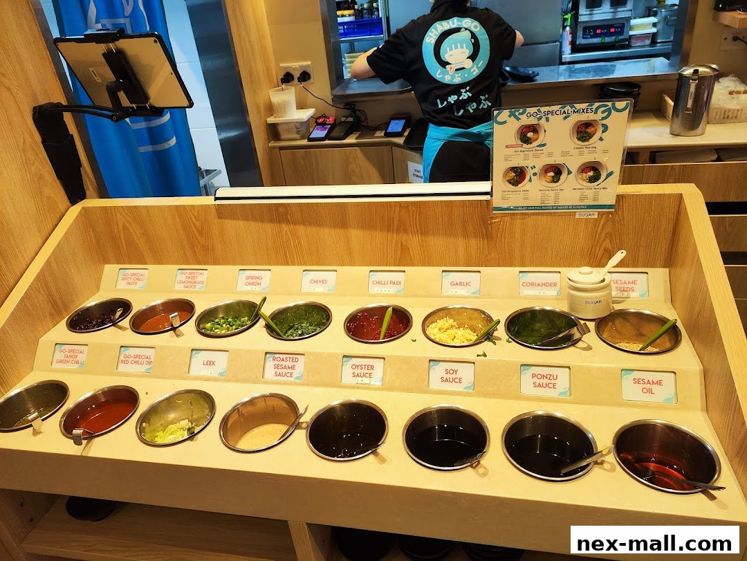 A display of various sauces and condiments for Japanese hot pot.