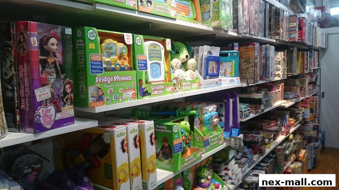 Shelves stocked with various toys, including dolls, educational games, and stuffed animals.