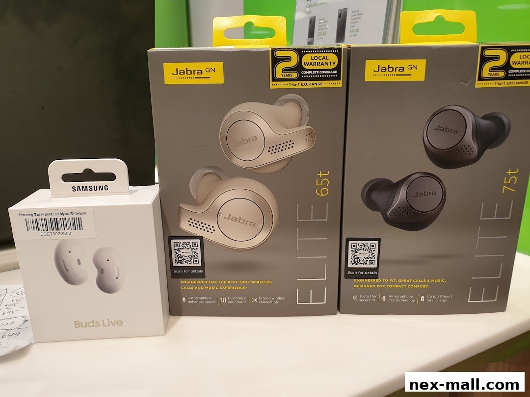 Product display featuring Samsung Galaxy Buds Live and Jabra Elite wireless earbuds.