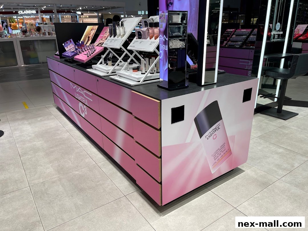A MAC Cosmetics counter displaying various makeup products and promotional materials.