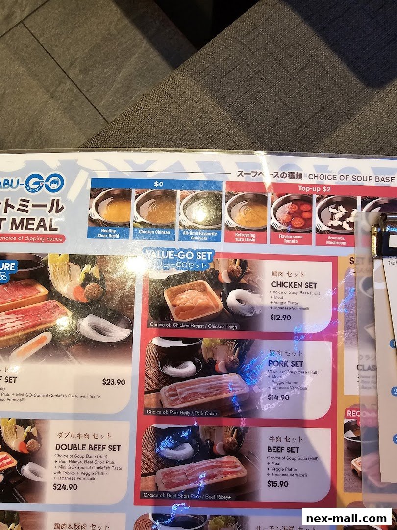 A menu from SHABU-GOJOY JAPANESE FOOD STREET showcasing various shabu-shabu sets and soup bases.