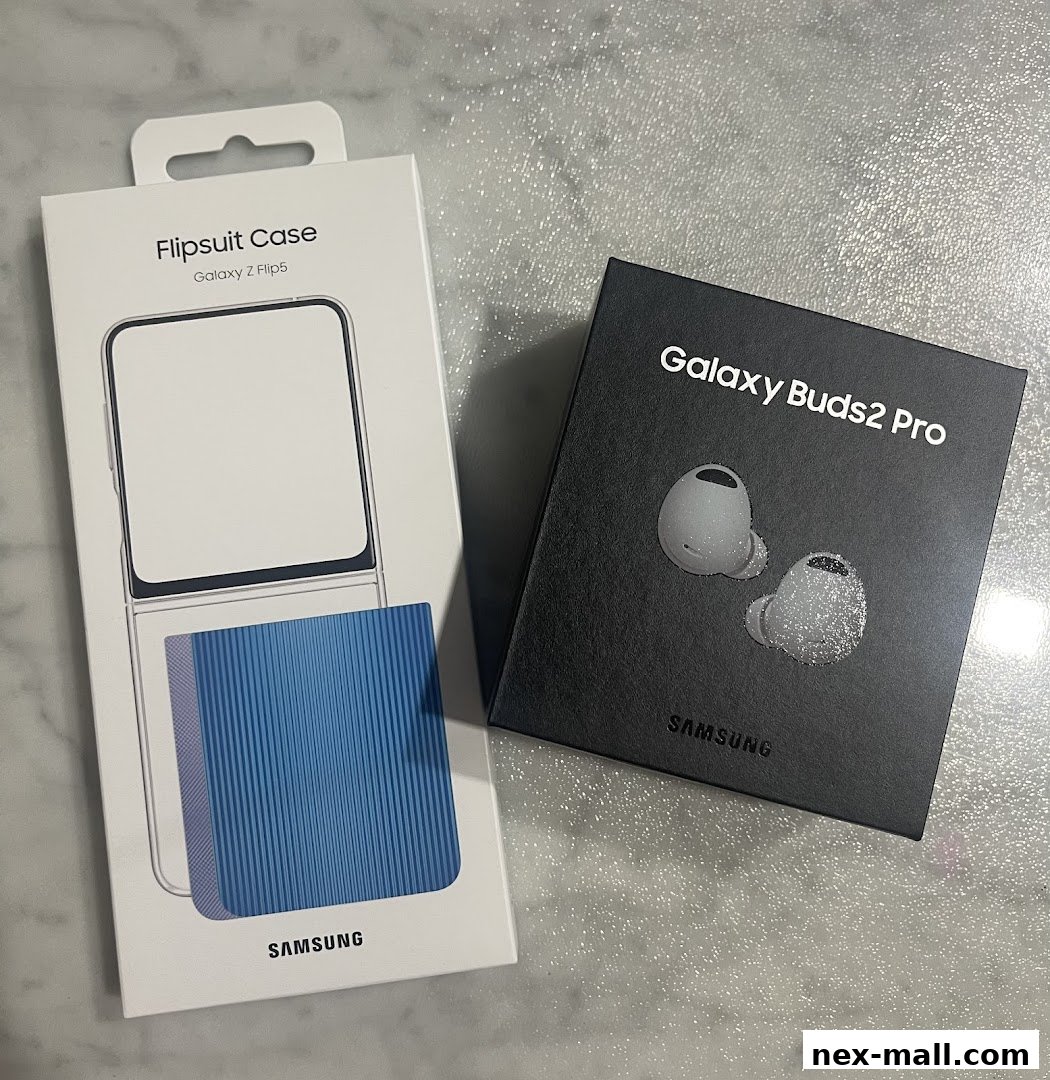 Samsung Galaxy Buds2 Pro and a Flipsuit Case for Galaxy Z Flip5.