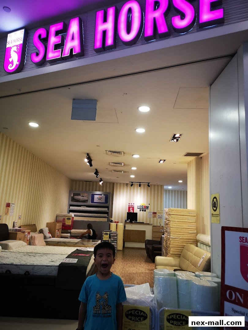 A child stands in front of a Sea Horse mattress store with beds and mattresses displayed.