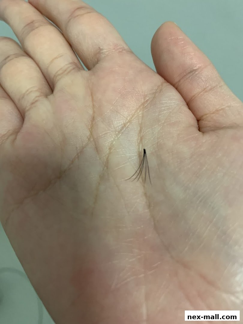 A close-up of a hand holding a small cluster of eyelash extensions.