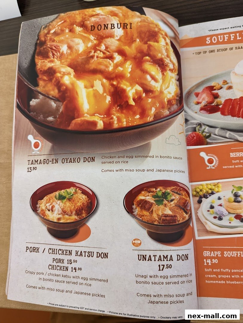 A menu page showcasing various Japanese donburi dishes and soufflé pancakes.