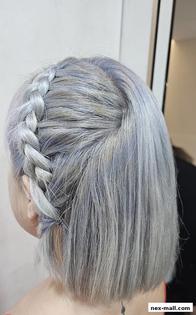 A close-up of a woman's head with stylish grey hair and a side braid.