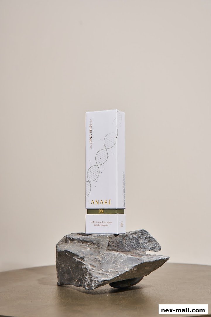 A product box for Anake DNA Skin Test is displayed on a rock.