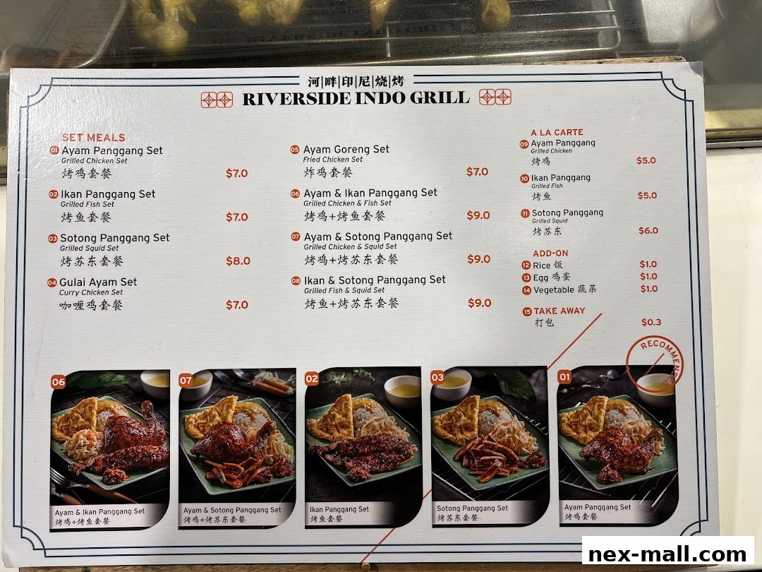 A menu for Riverside Indo Grill featuring set meals and a la carte options with prices.