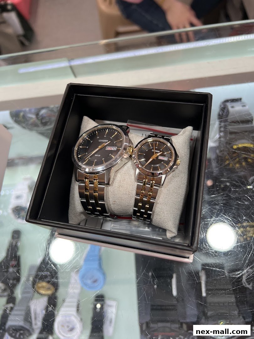 A display box containing two Citizen watches with silver and gold accents.