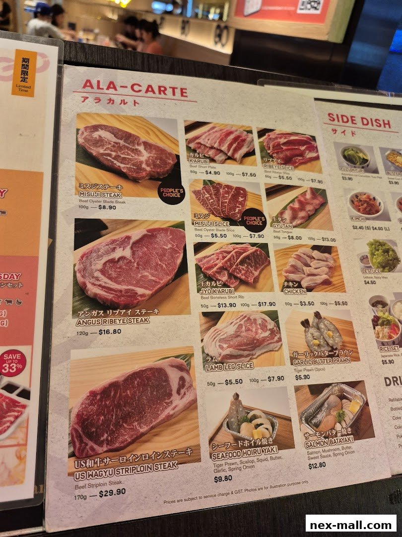 A menu featuring various cuts of beef, seafood, and side dishes for yakiniku.
