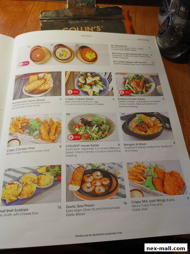 A menu from COLLIN'S featuring various dishes with descriptions and prices.