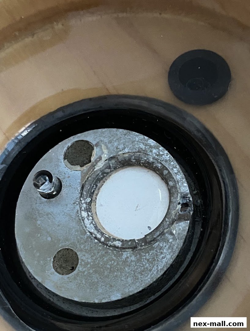 Close-up view of a diffuser's internal components, showing a metal plate with holes and a white disc.