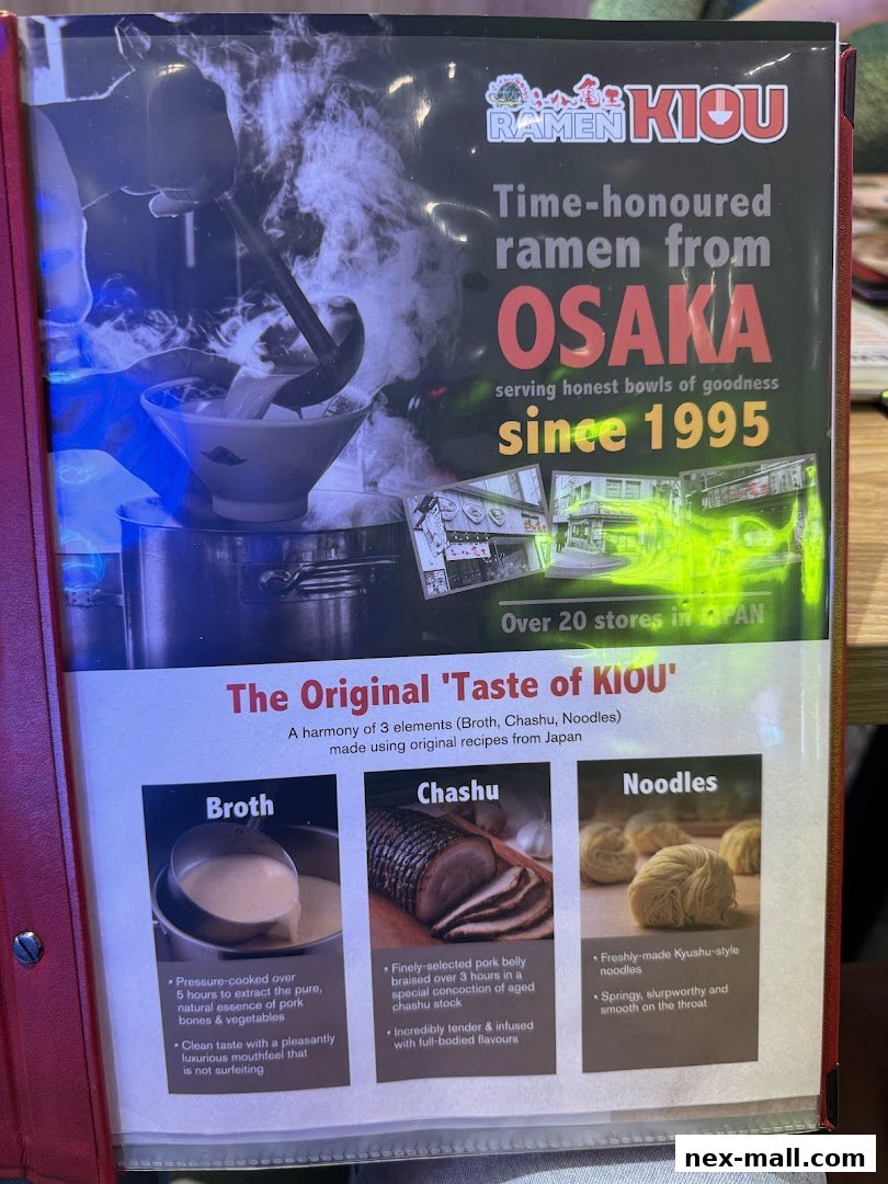 A menu showcasing the original taste of Kiou ramen, highlighting broth, chashu, and noodles.