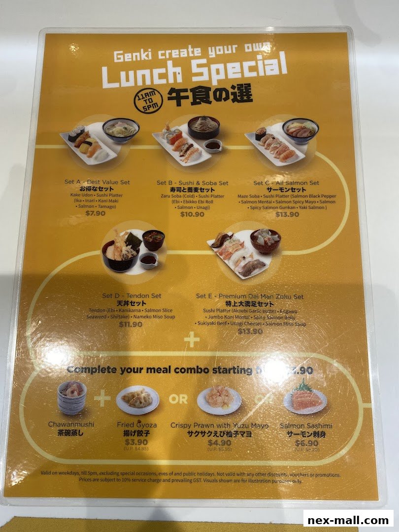 A menu for Genki Sushi NEX featuring lunch specials and meal combos.