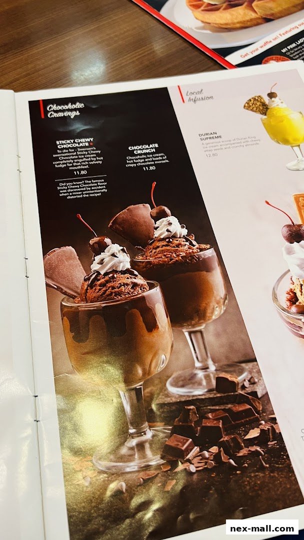 A menu page showcasing decadent chocolate ice cream desserts and a durian ice cream sundae.
