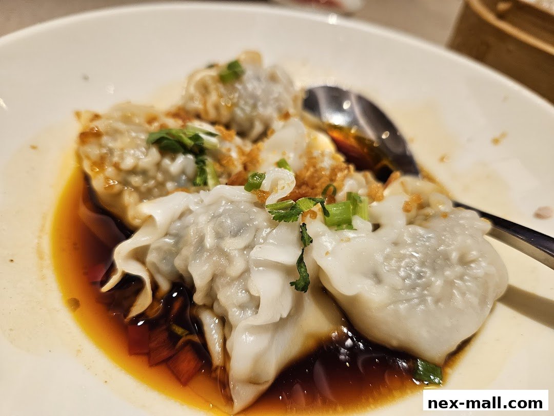 A close-up shot of delicious dumplings in a savory broth, garnished with green onions.