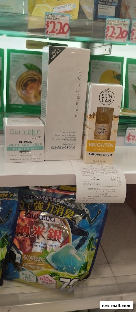 A display of skincare products and laundry pods at Venus Beauty NEX.