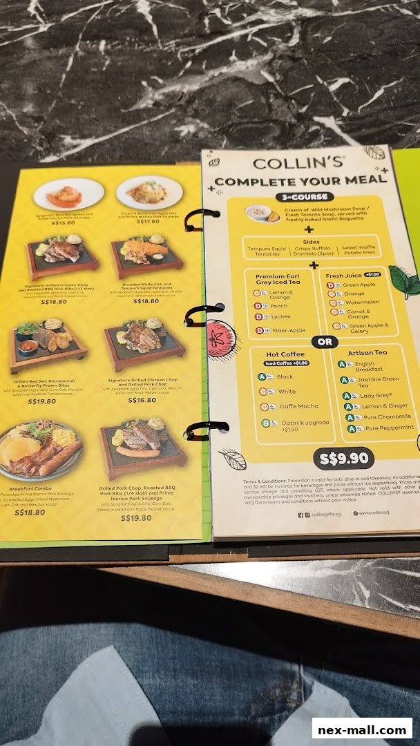 A menu from COLLIN'S featuring a 3-course meal deal with various main courses, sides, and drinks.