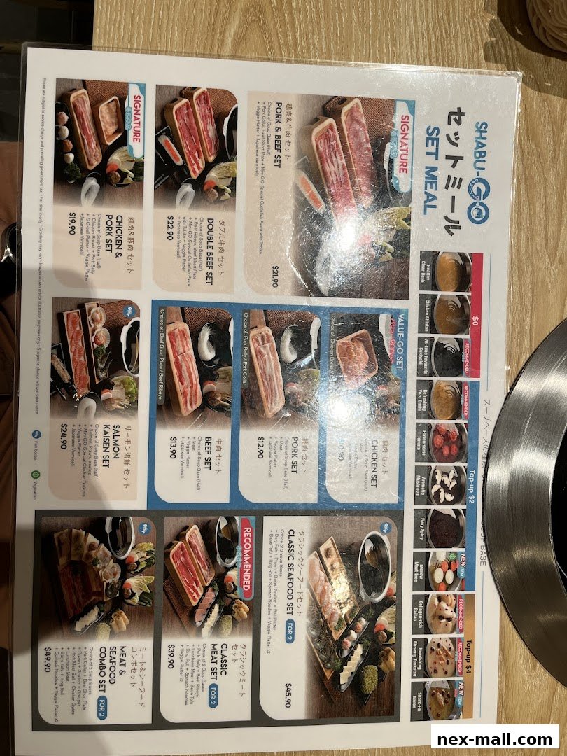 A menu for Shabu-Go featuring various set meals with meat, seafood, and combination options.