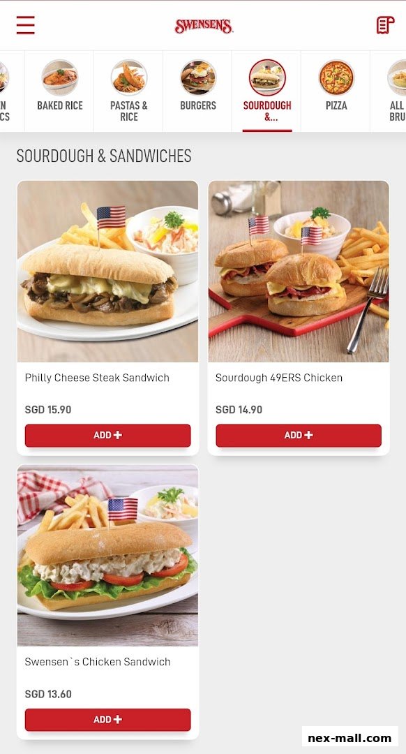 Swensen's menu featuring sourdough sandwiches and other popular dishes.