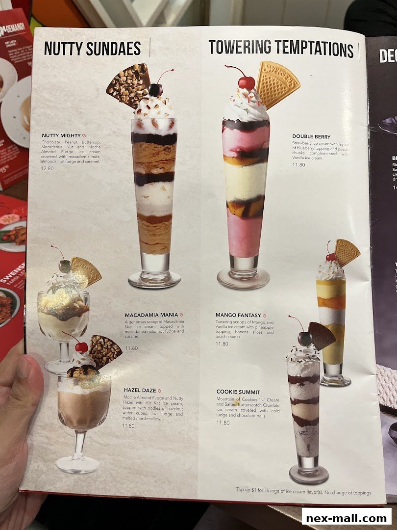 A menu page showcasing various ice cream sundaes and towering ice cream desserts.