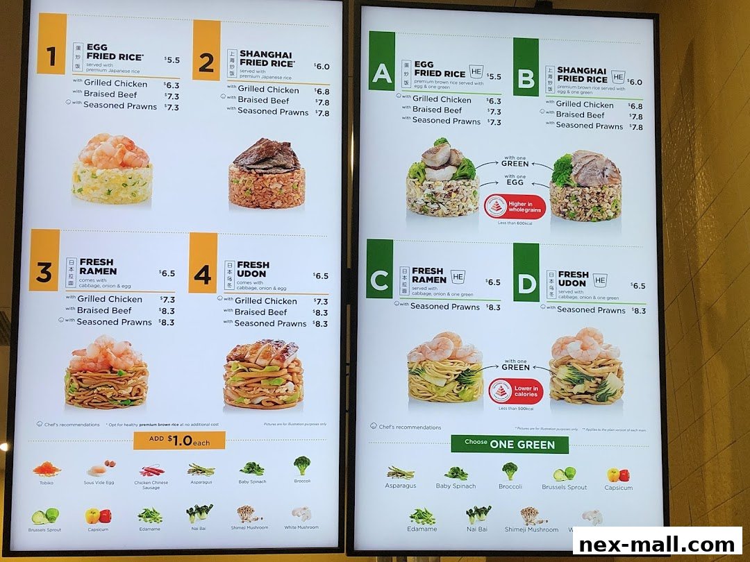 A brightly lit menu board displaying various rice, ramen, and udon dishes with customization options.