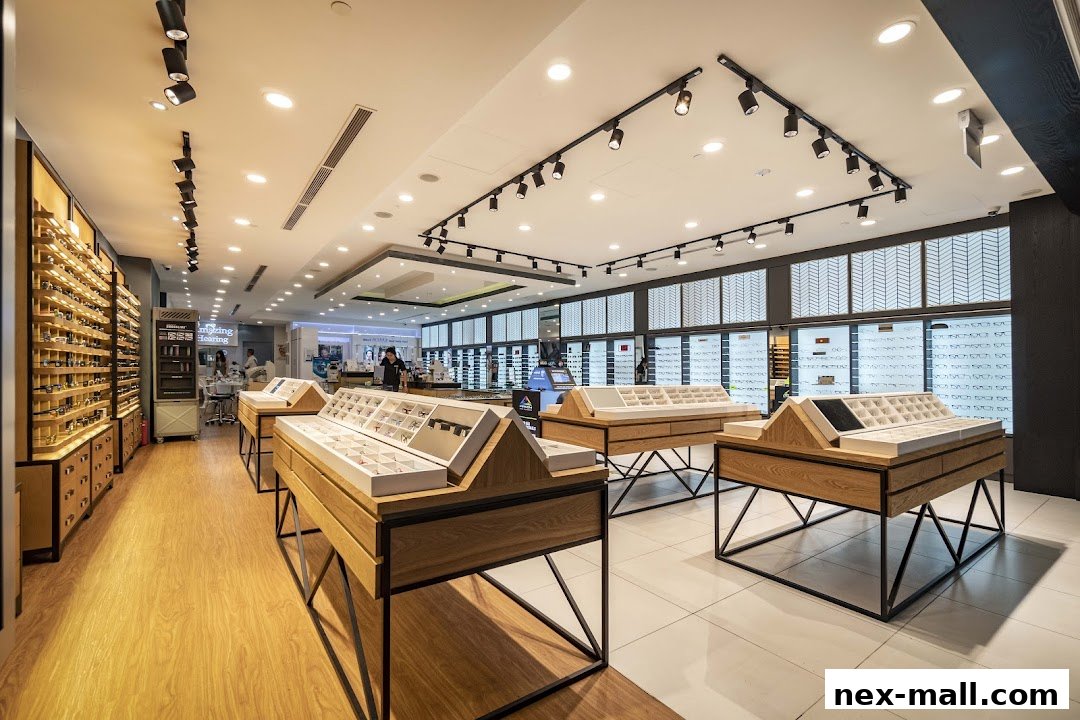 Interior view of a modern optical shop showcasing a wide selection of eyewear on display.