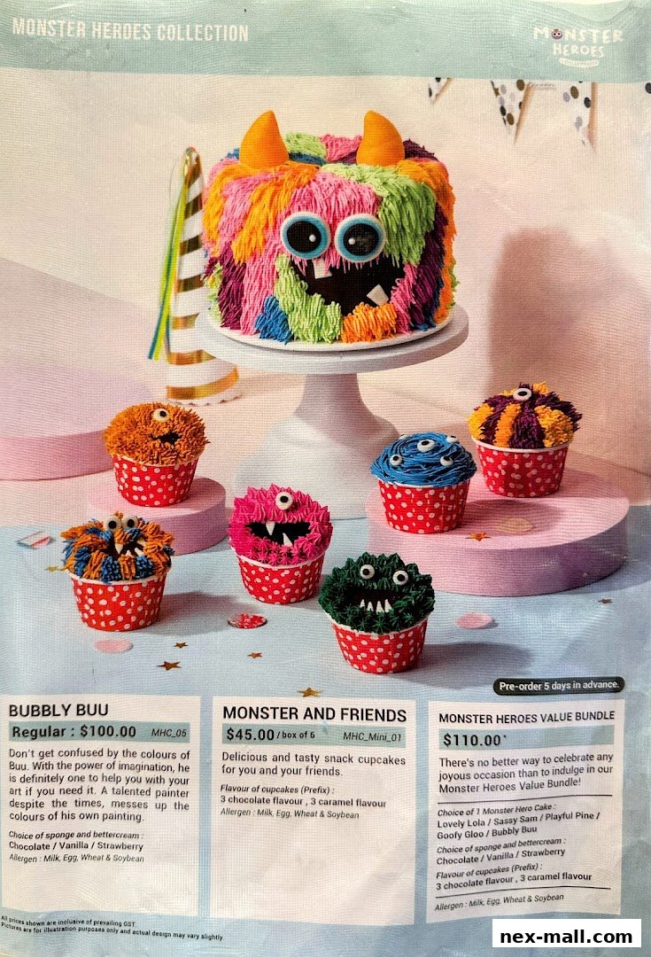 A colorful cake and cupcakes with monster designs, presented for a collection.