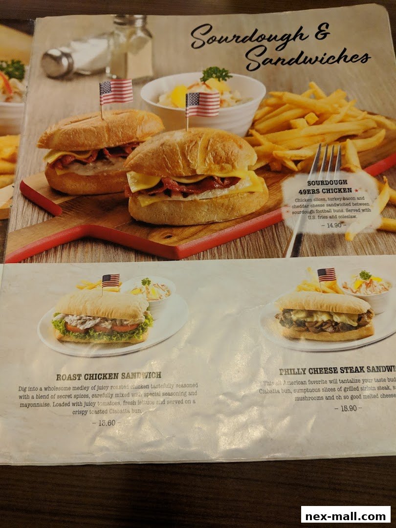 A menu page showcasing three different sandwiches with fries and coleslaw.