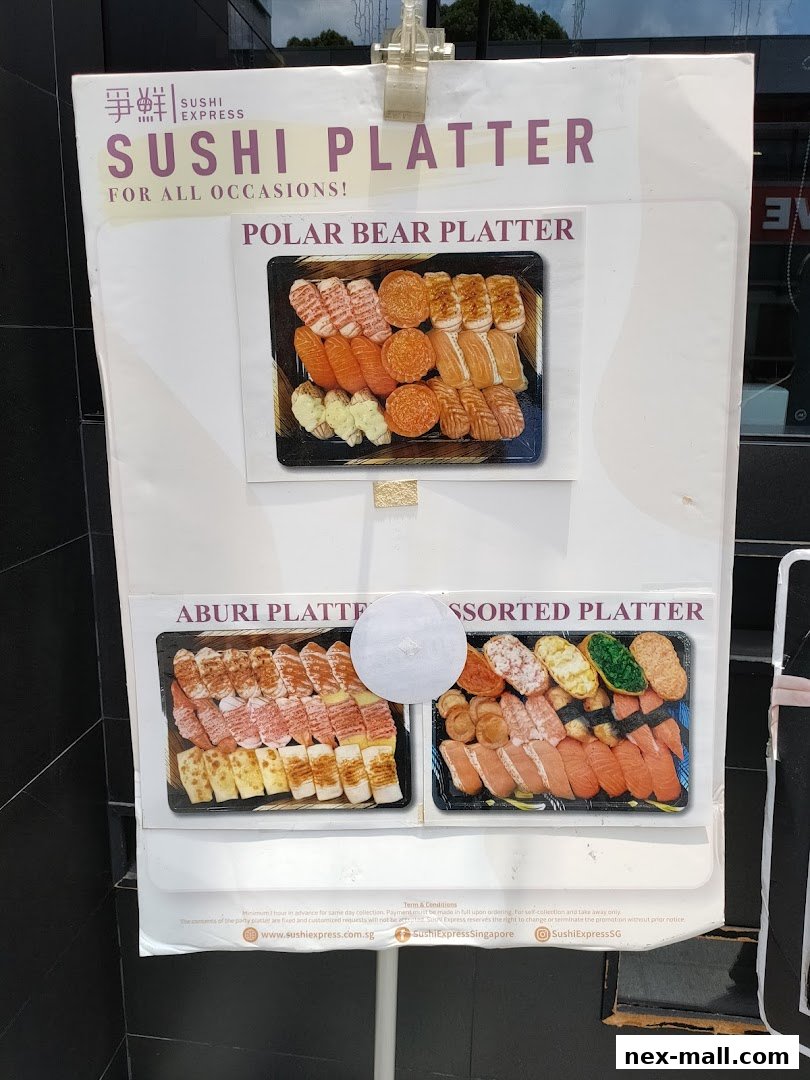 A sign advertising Sushi Express platters with images of different sushi assortments.