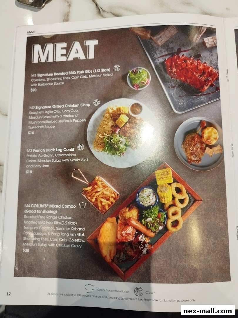 A menu page showcasing various meat dishes with descriptions and prices.