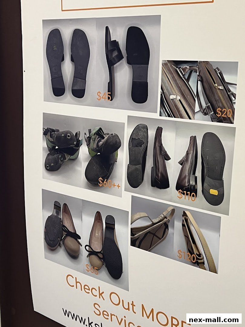 Collage of shoes and bags with prices, promoting K Shoe Bags Services.