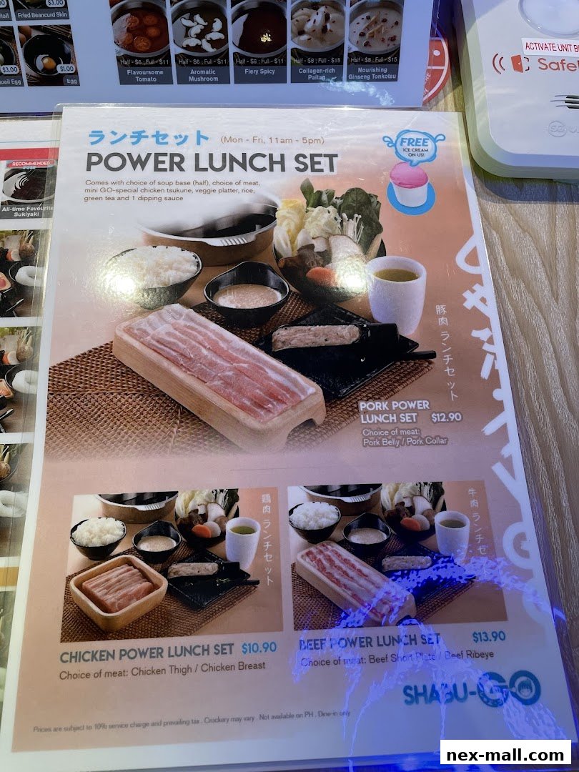 A menu for Shabu-Go featuring Power Lunch Sets with various meat options and free ice cream.